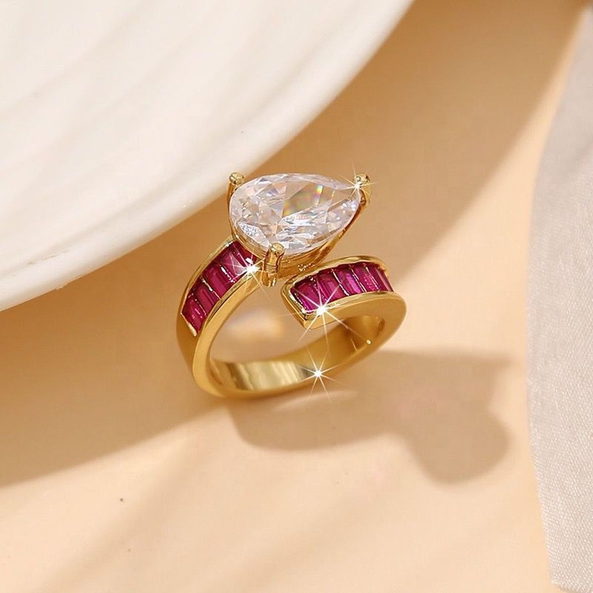 Pear Drop Baguette Cubic Zirconia 18K Gold Free Size Ring Women Bulk