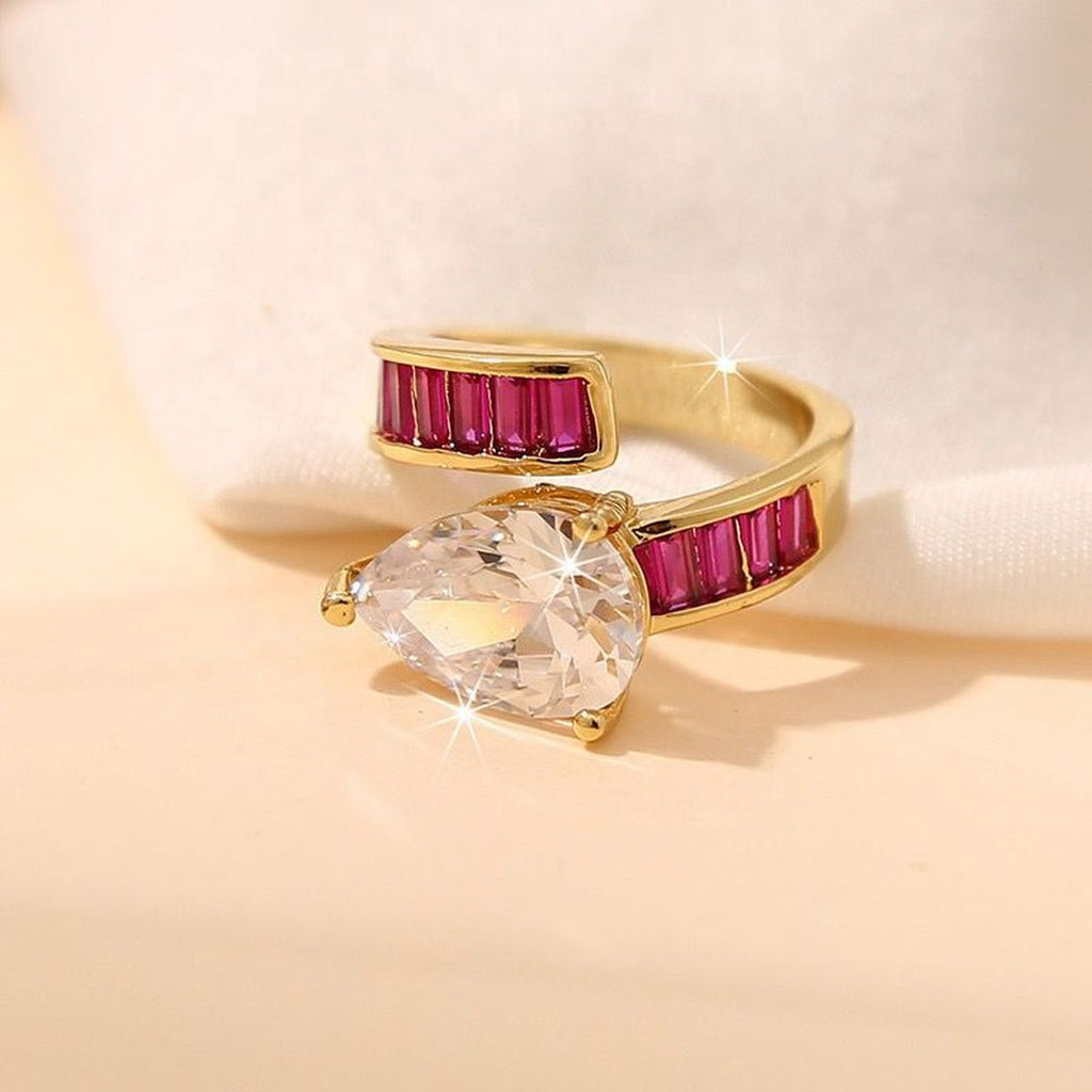 Pear Drop Baguette Cubic Zirconia 18K Gold Free Size Ring Women Bulk