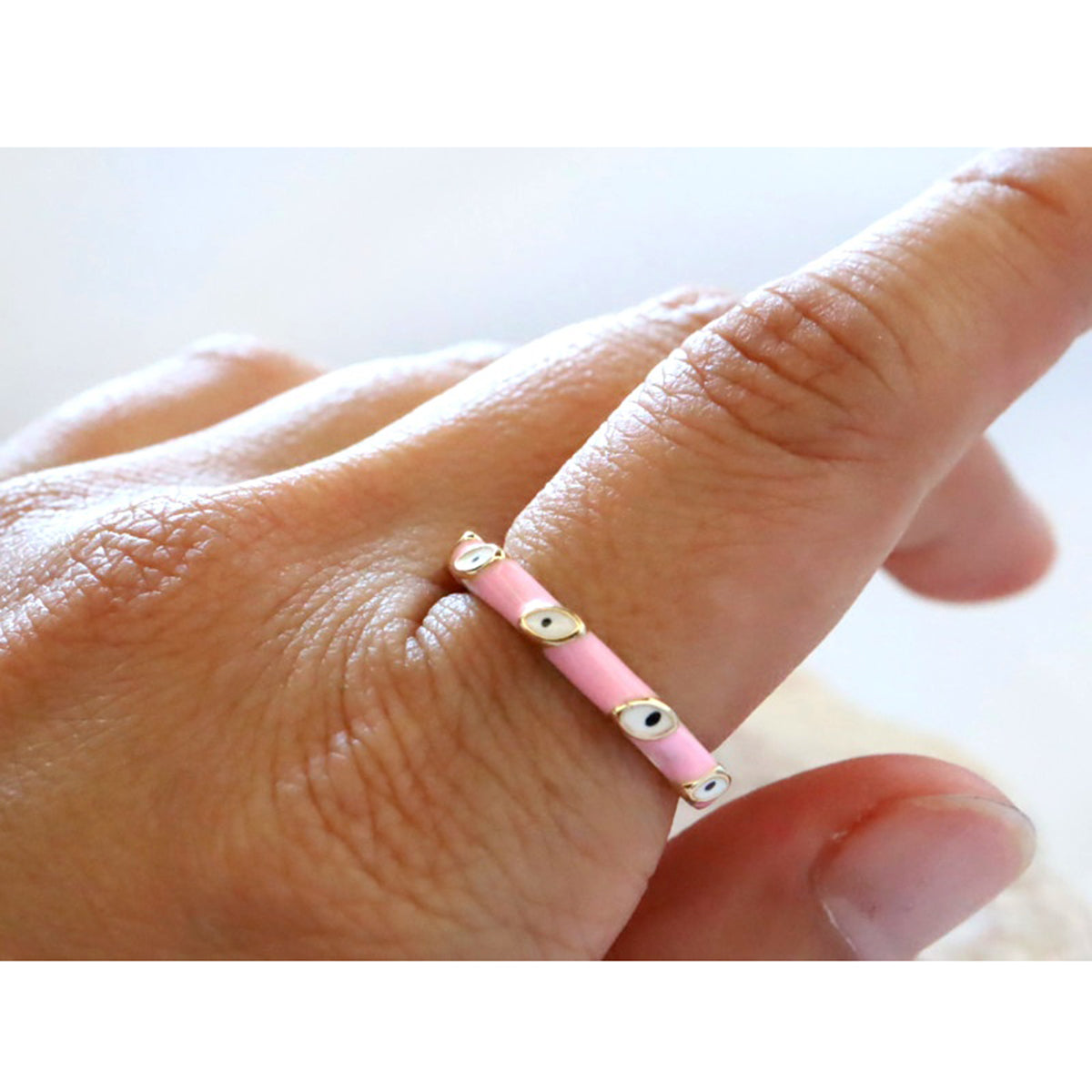 Hot Pink Enamel Evil Eye 18K Gold Open Back Ring For Women Bulk