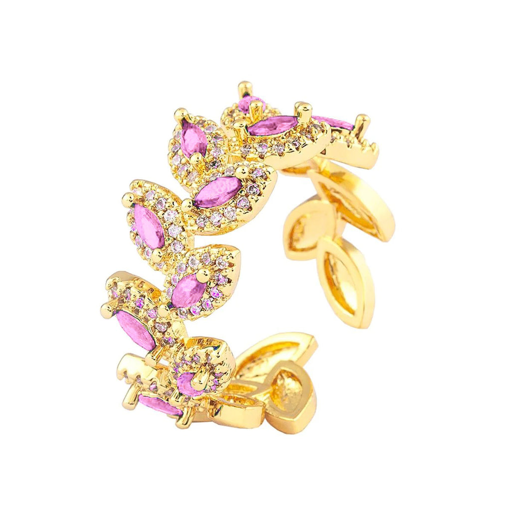 Floral Leaf Cubic Zirconia 18K Gold Anti Tarnish Open Back Ring Bulk