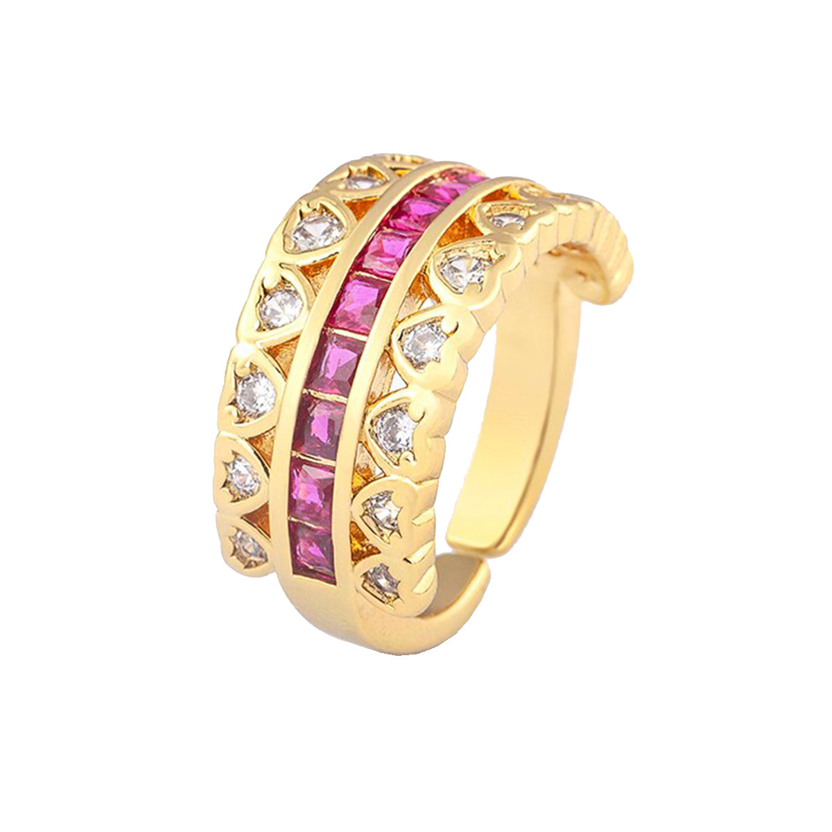 Ruby Pink Love Heart Cubic Zirconia 18K Gold Open Back Ring Women Bulk