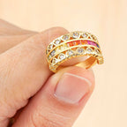 Ruby Pink Love Heart Cubic Zirconia 18K Gold Open Back Ring Women Bulk