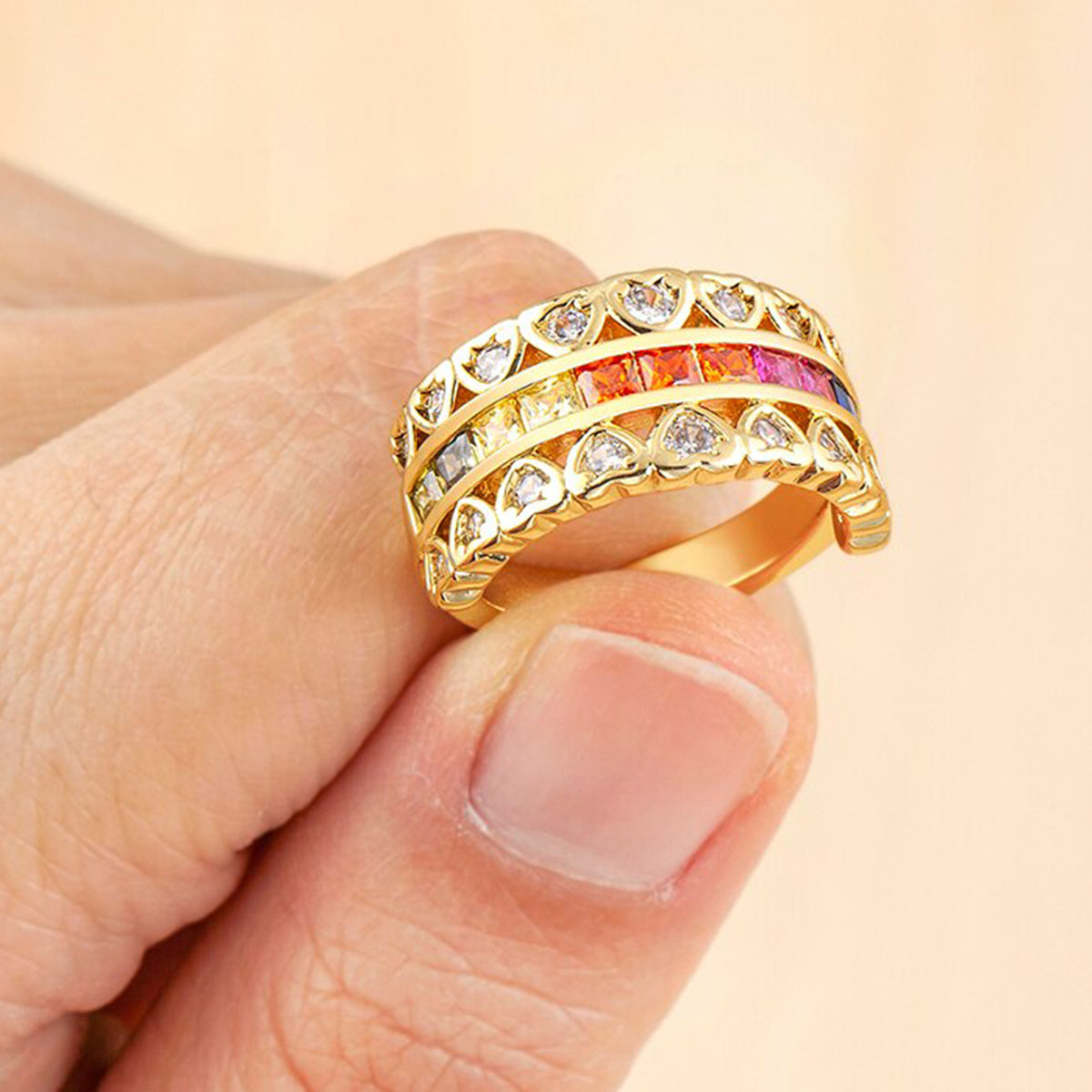 Ruby Pink Love Heart Cubic Zirconia 18K Gold Open Back Ring Women Bulk