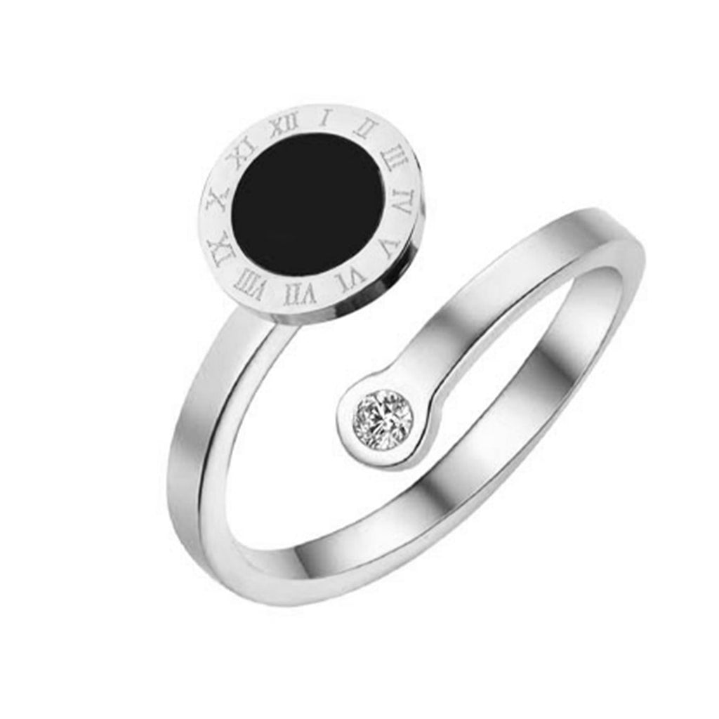 Roman Numbers Circle Black Silver CZ Stainless Steel Ring Bulk