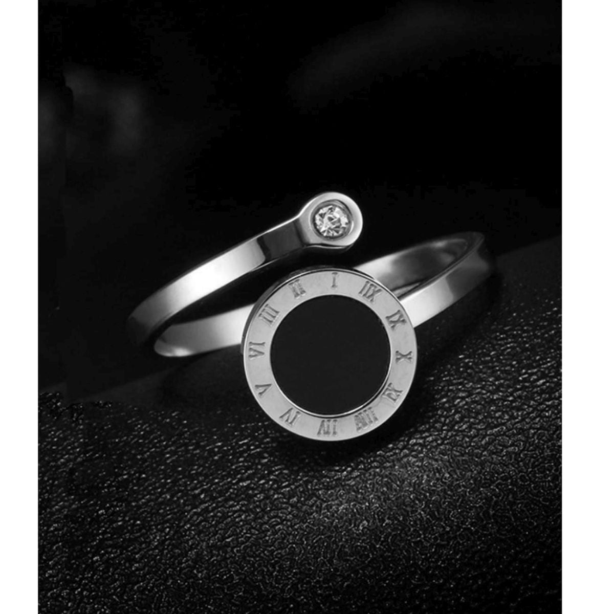 Roman Numbers Circle Black Silver CZ Stainless Steel Ring Bulk