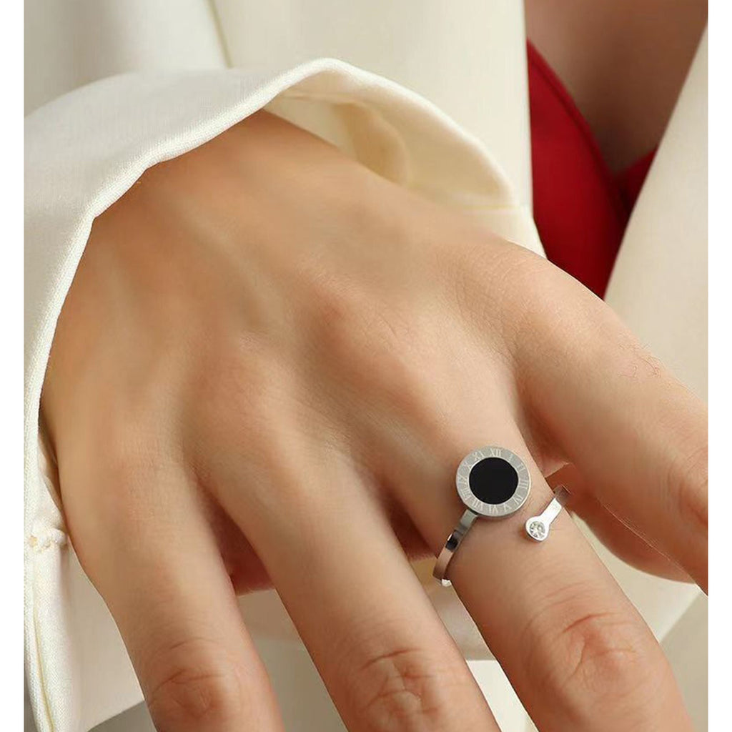 Roman Numbers Circle Black Silver CZ Stainless Steel Ring Bulk