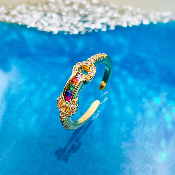 Rainbow Multi Color Baguette Cubic Zirconia Gold Open Back Ring Bulk Main image