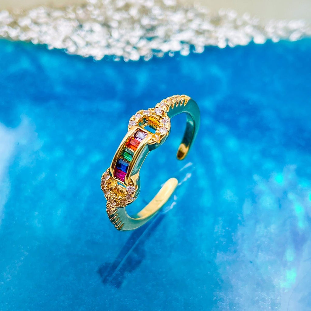 Rainbow Multi Color Baguette Cubic Zirconia Gold Open Back Ring Bulk