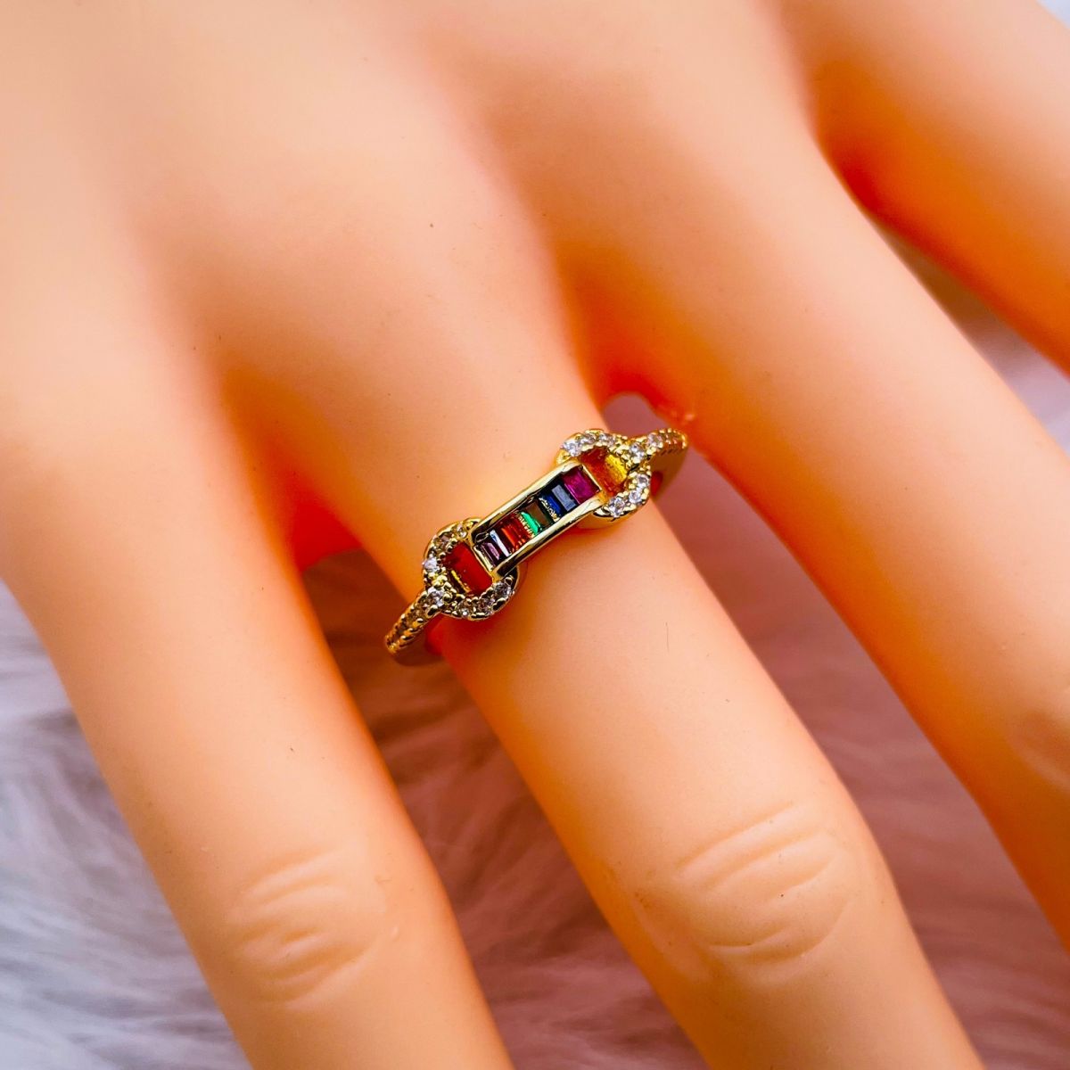 Rainbow Multi Color Baguette Cubic Zirconia Gold Open Back Ring Bulk
