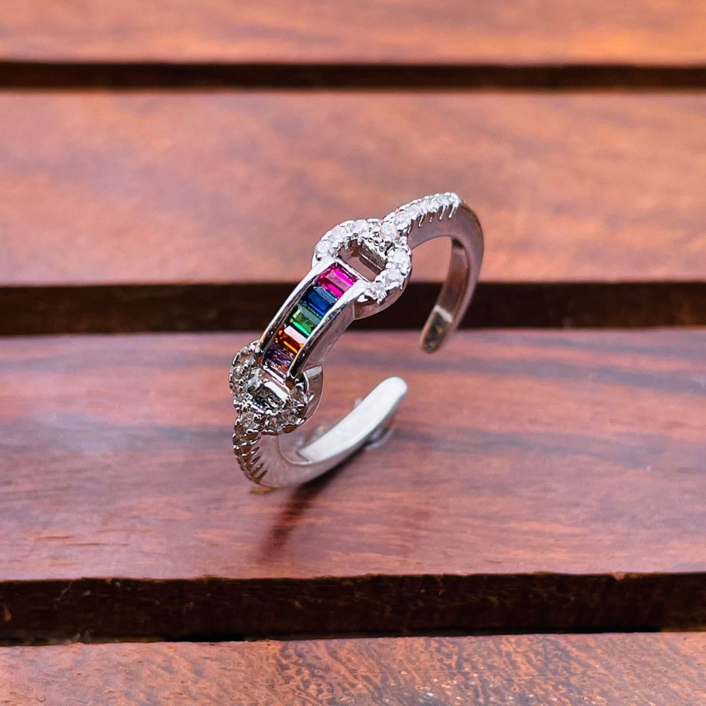 Rainbow Multi Color Baguette Cubic Zirconia Gold Open Back Ring Bulk