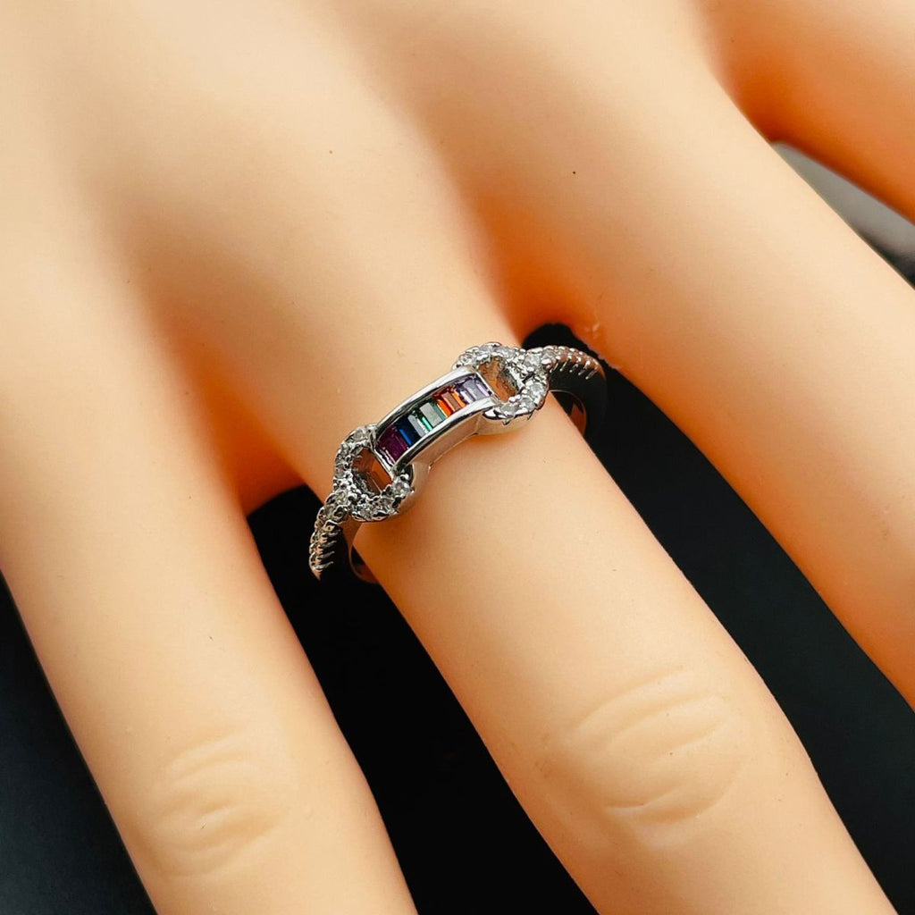 Rainbow Multi Color Baguette Cubic Zirconia Gold Open Back Ring Bulk
