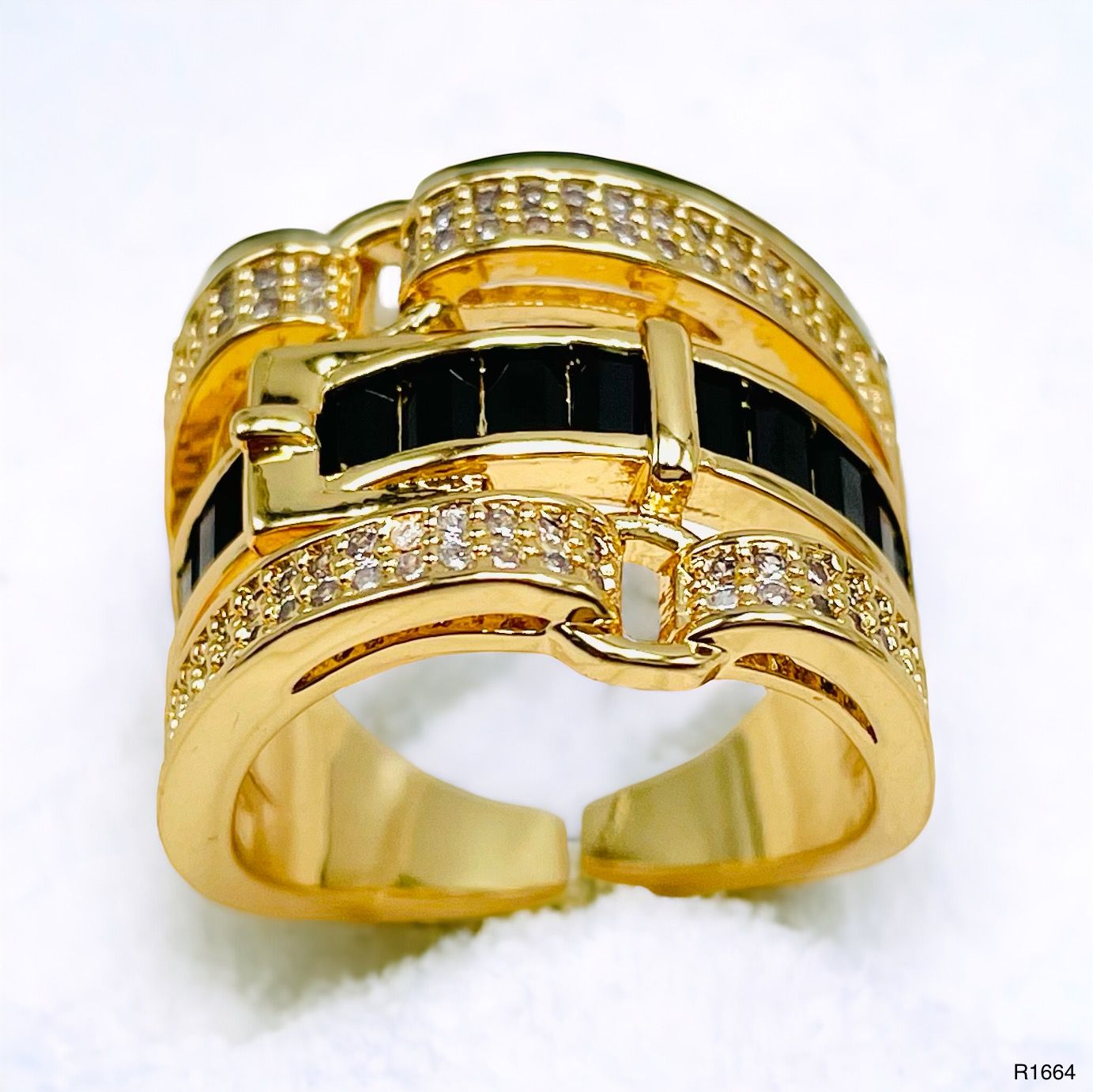 Belt Buckle Black Cubic Zirconia 18K Gold Copper Open Back Ring Bulk