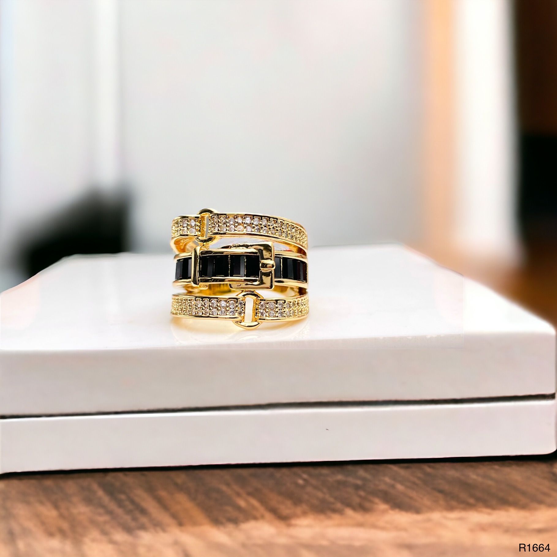 Belt Buckle Black Cubic Zirconia 18K Gold Copper Open Back Ring Bulk