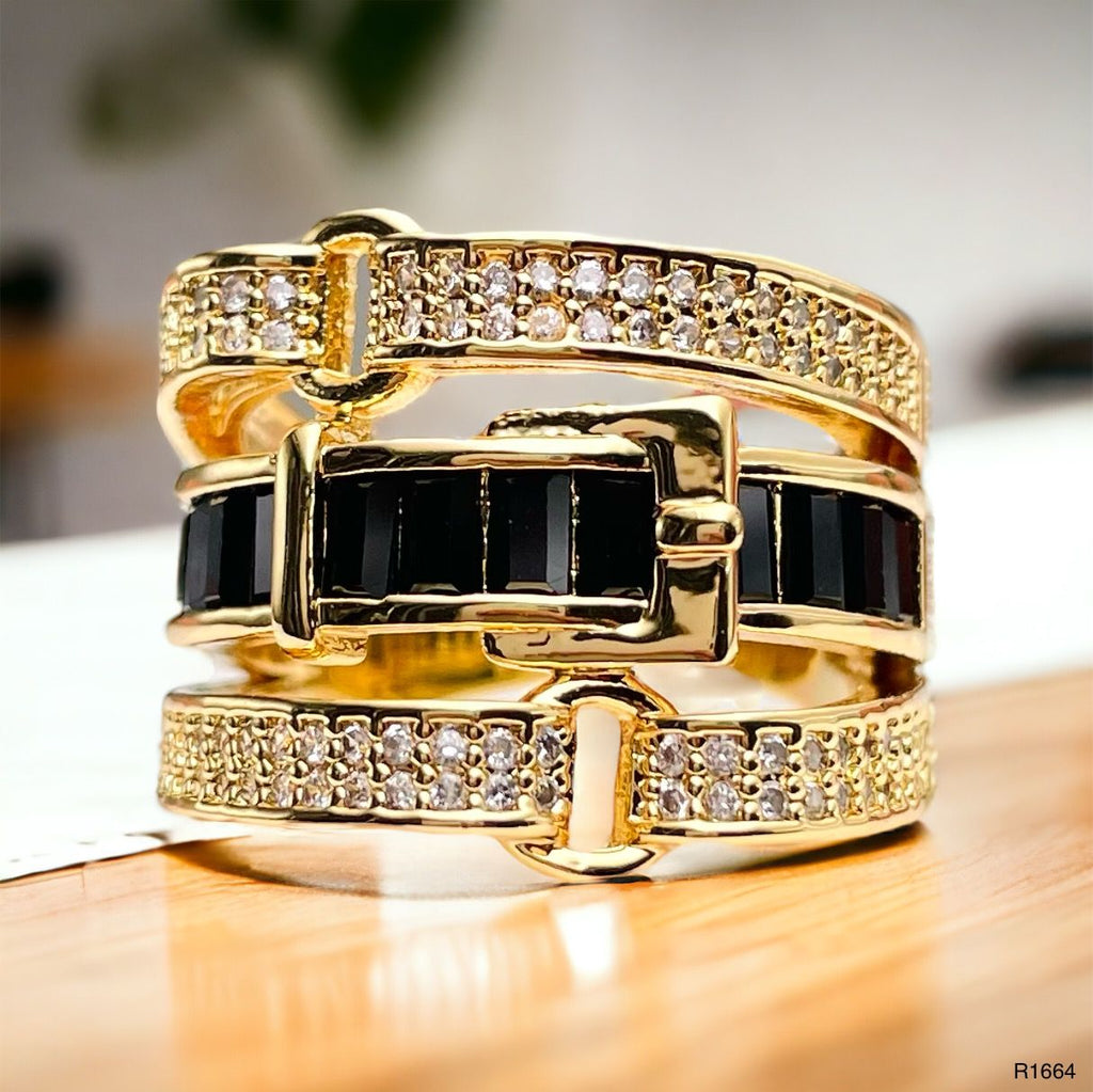 Belt Buckle Black Cubic Zirconia 18K Gold Copper Open Back Ring Bulk