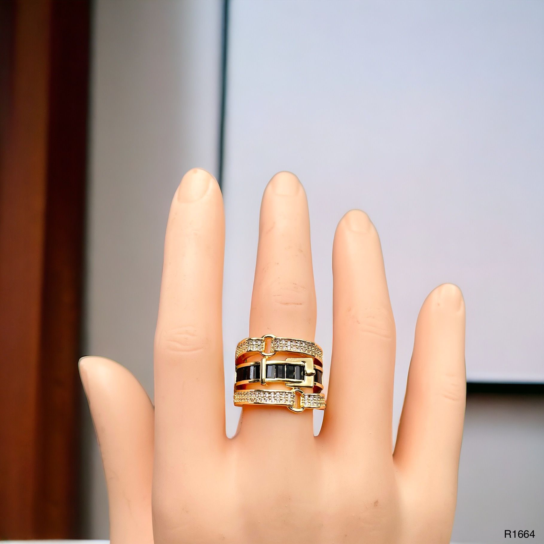 Belt Buckle Black Cubic Zirconia 18K Gold Copper Open Back Ring Bulk
