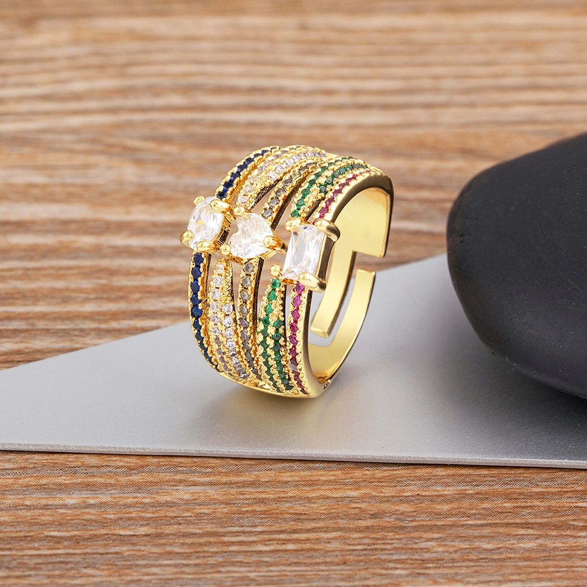 Rainbow Multi Color Fancy Cubic Zirconia Heart 18K Gold Ring Bulk