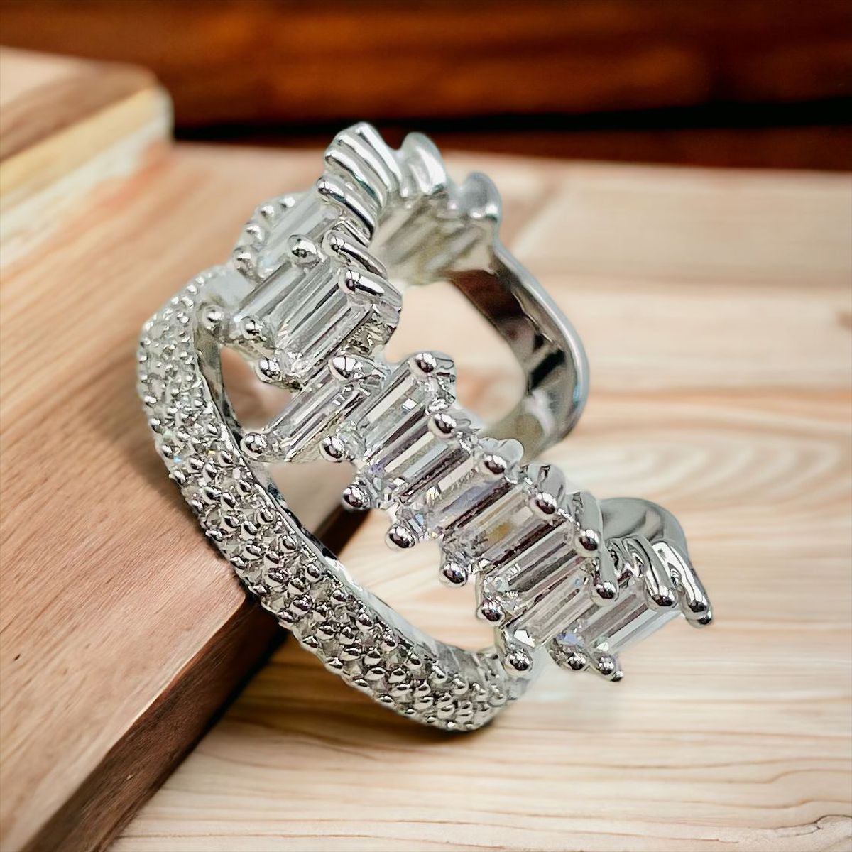 Zig Zag Baguette CZ Silver Anti Tarnish Open Back Ring Bulk Main image