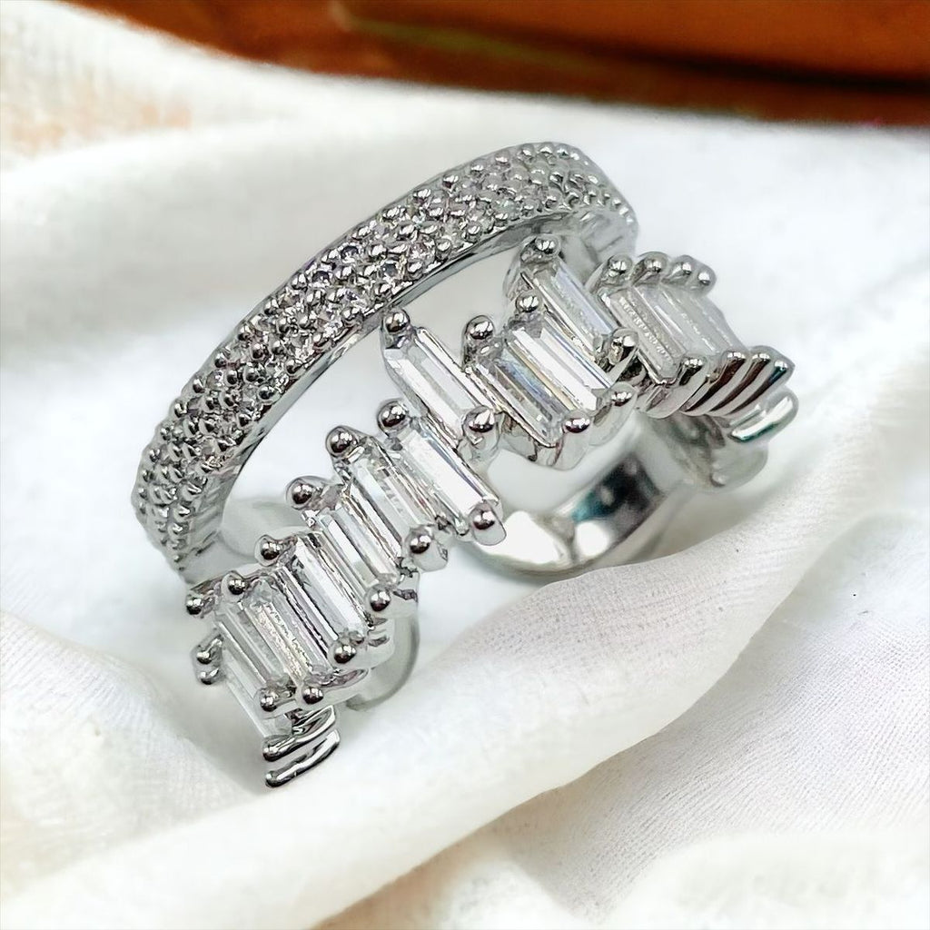 Zig Zag Baguette CZ Silver Anti Tarnish Open Back Ring Bulk