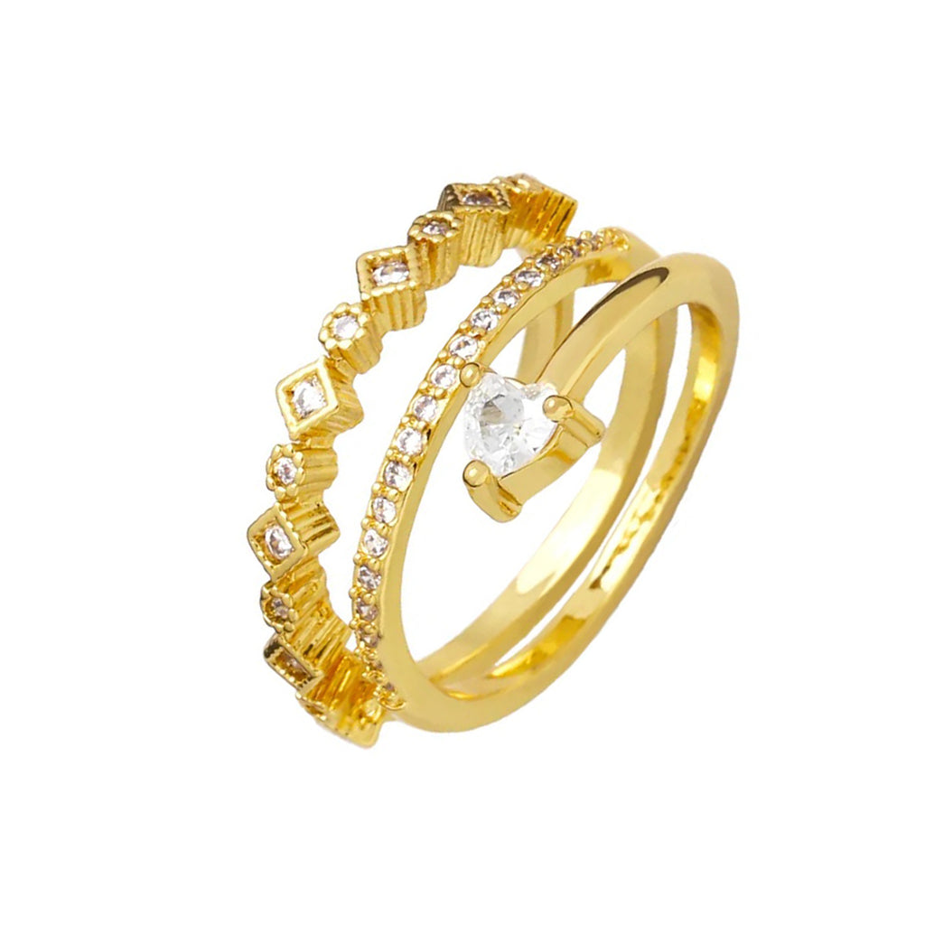 Triple Layer Fancy Cubic Zirconia 18K Gold Free Size Ring Women Bulk