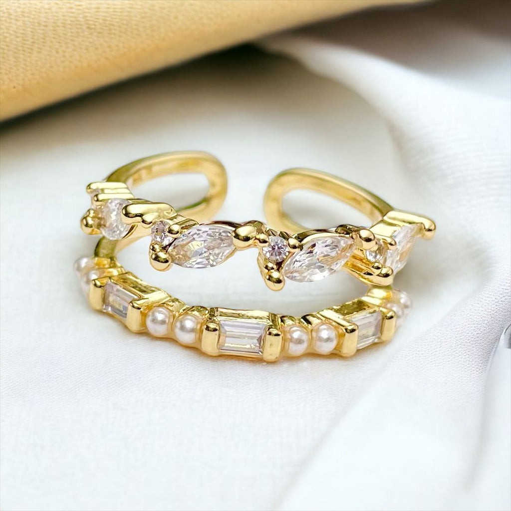Dual Layer Fancy 18K Gold CZ Anti Tarnish Free Size Ring Bulk