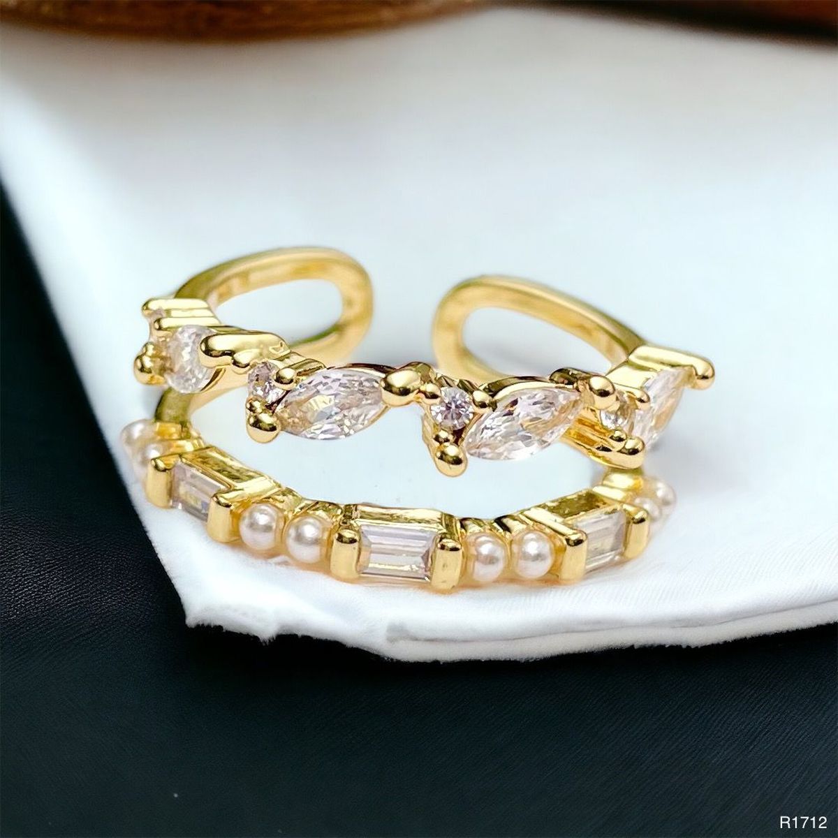 Dual Layer Fancy 18K Gold CZ Anti Tarnish Free Size Ring Bulk
