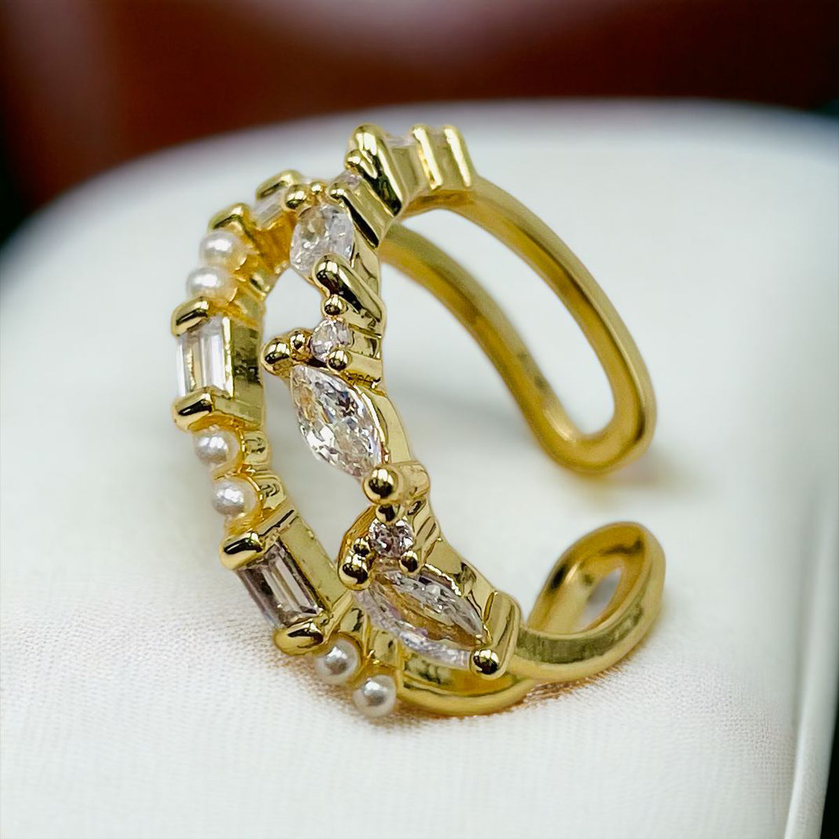 Dual Layer Fancy 18K Gold CZ Anti Tarnish Free Size Ring Bulk