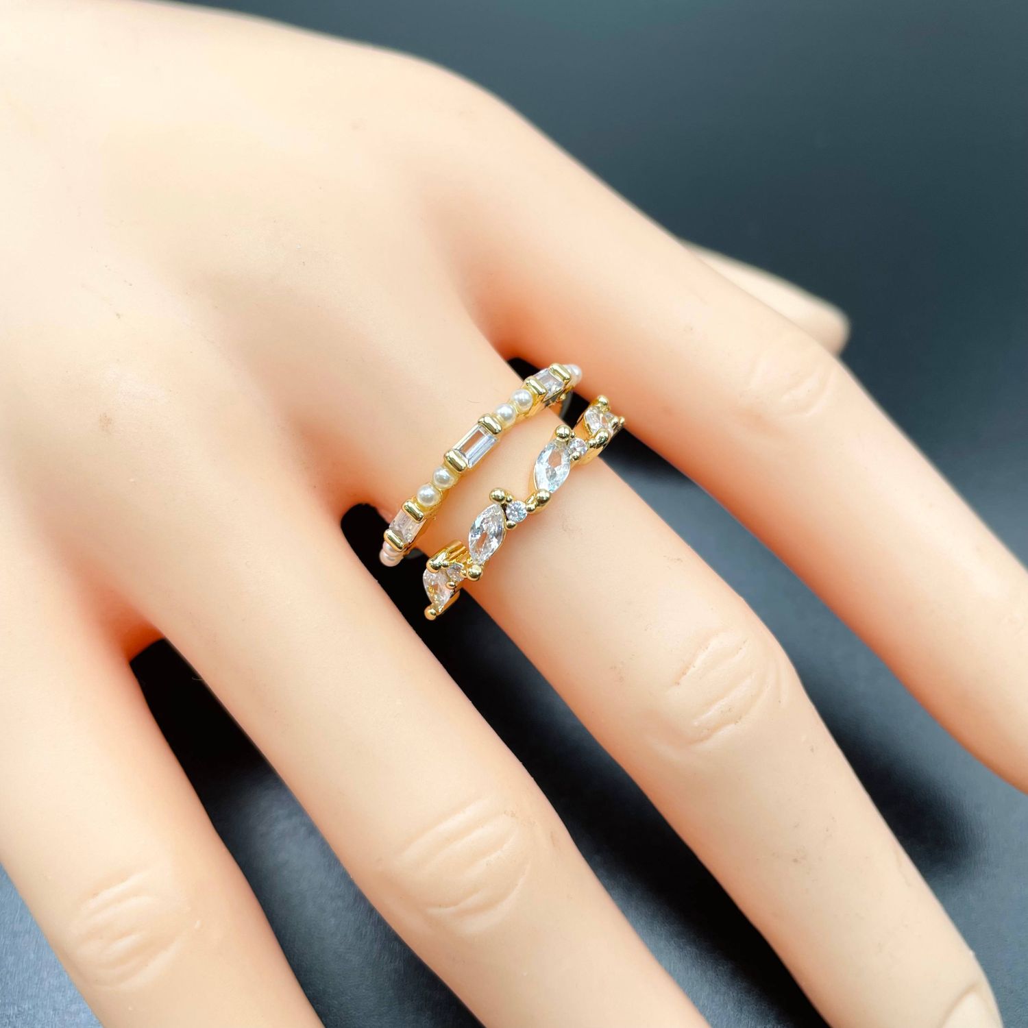 Dual Layer Fancy 18K Gold CZ Anti Tarnish Free Size Ring Bulk
