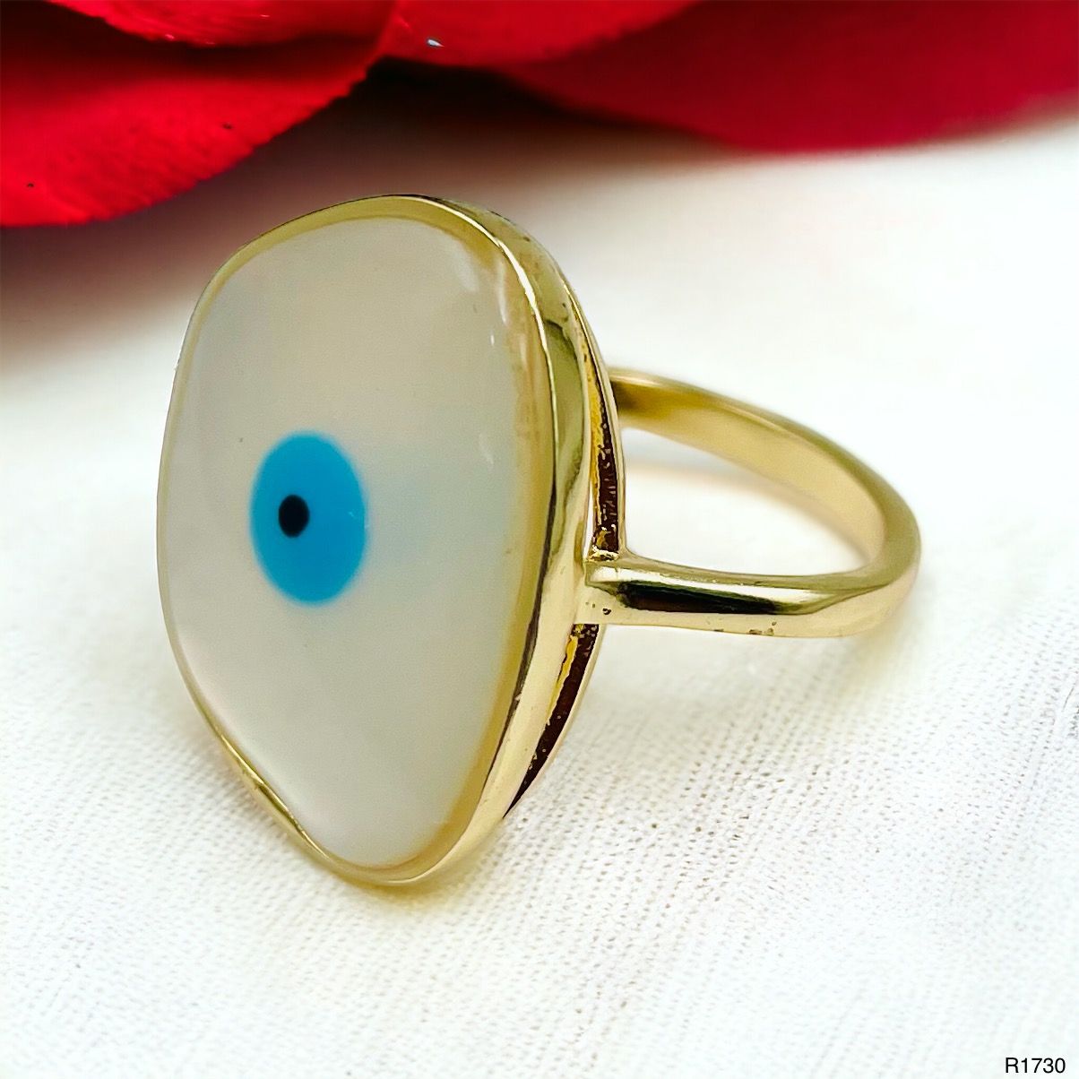 Fancy Shape Evil Eye Mother Of Pearl Gold Anti Tarnish Ring Bulk