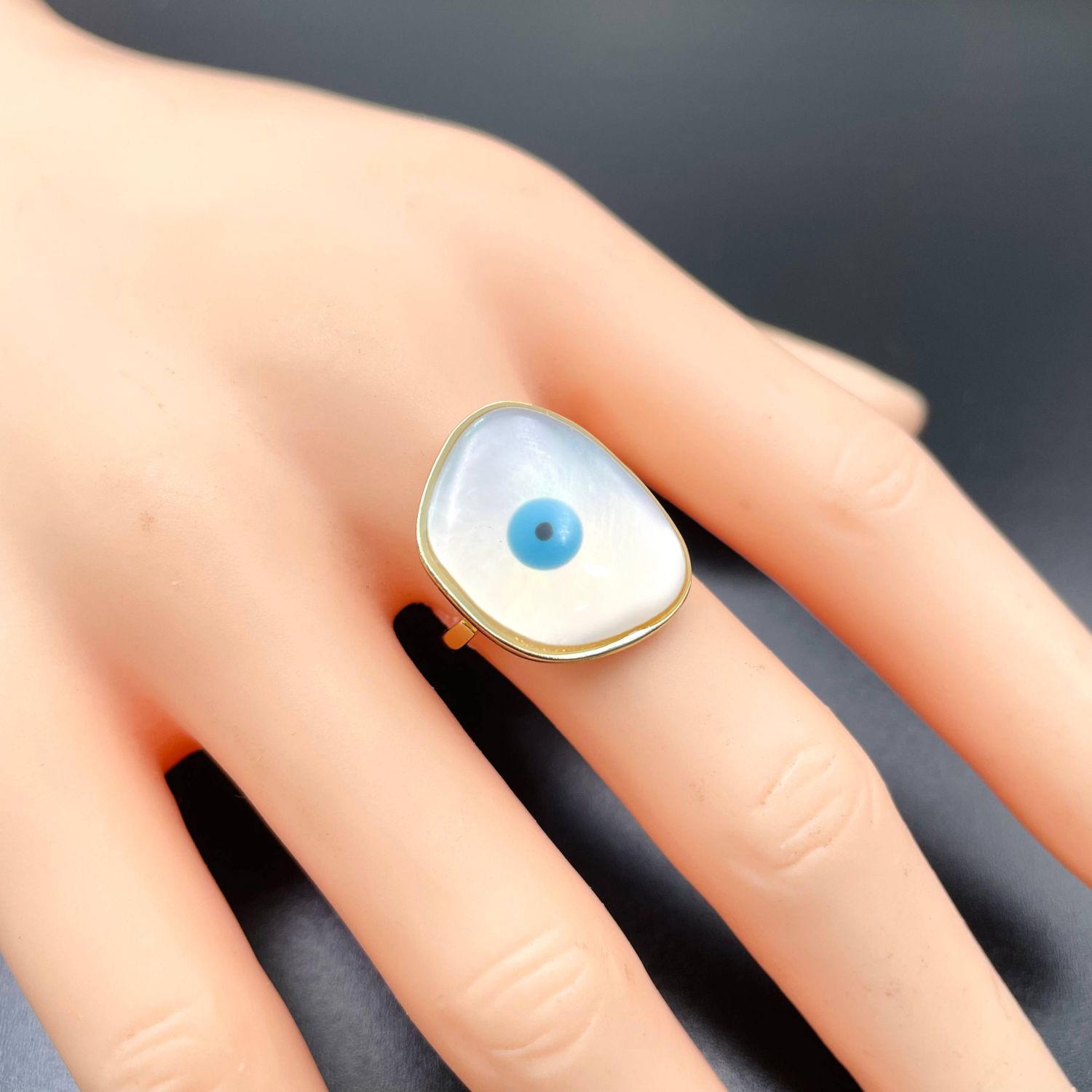 Fancy Shape Evil Eye Mother Of Pearl Gold Anti Tarnish Ring Bulk