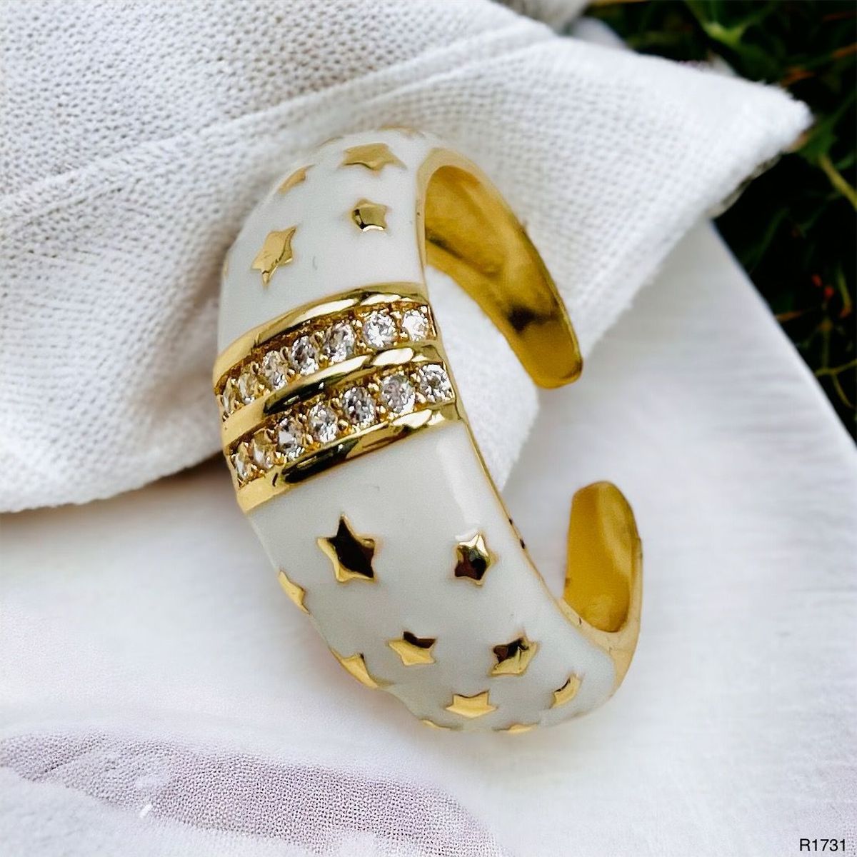 Star White Enamel CZ 18K Gold Anti Tarnish Free Size Band Ring Bulk
