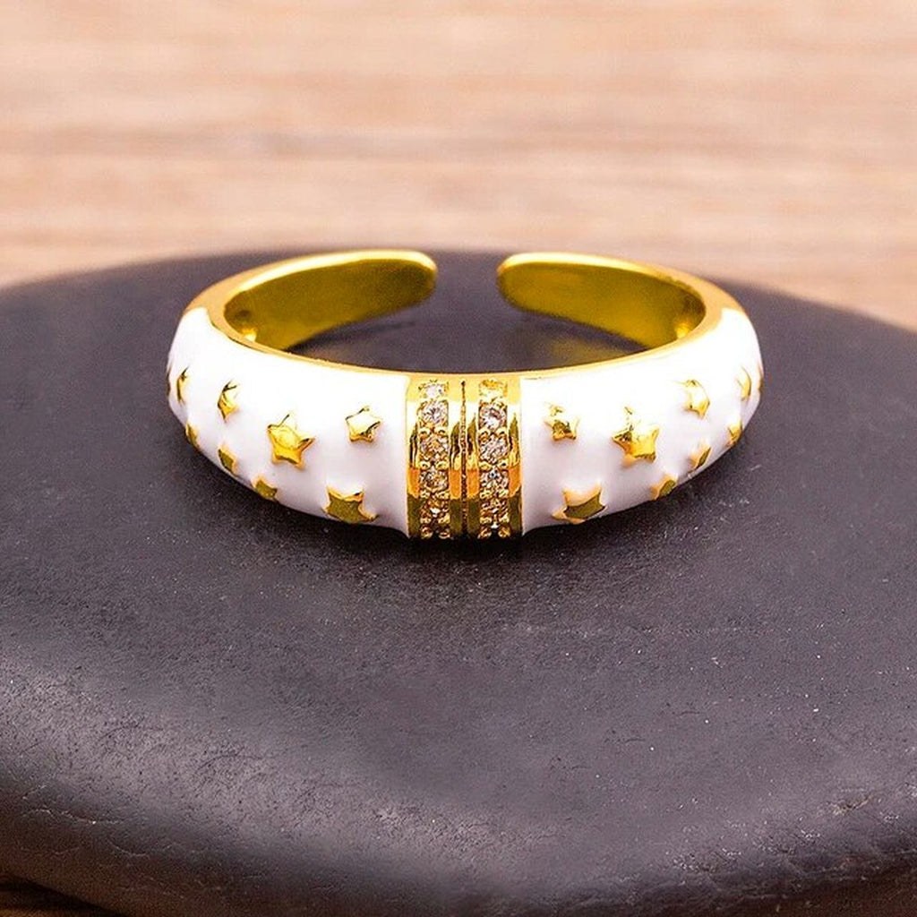 Star White Enamel CZ 18K Gold Anti Tarnish Free Size Band Ring Bulk