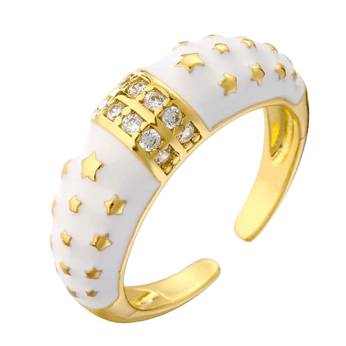 Star White Enamel CZ 18K Gold Anti Tarnish Free Size Band Ring Bulk