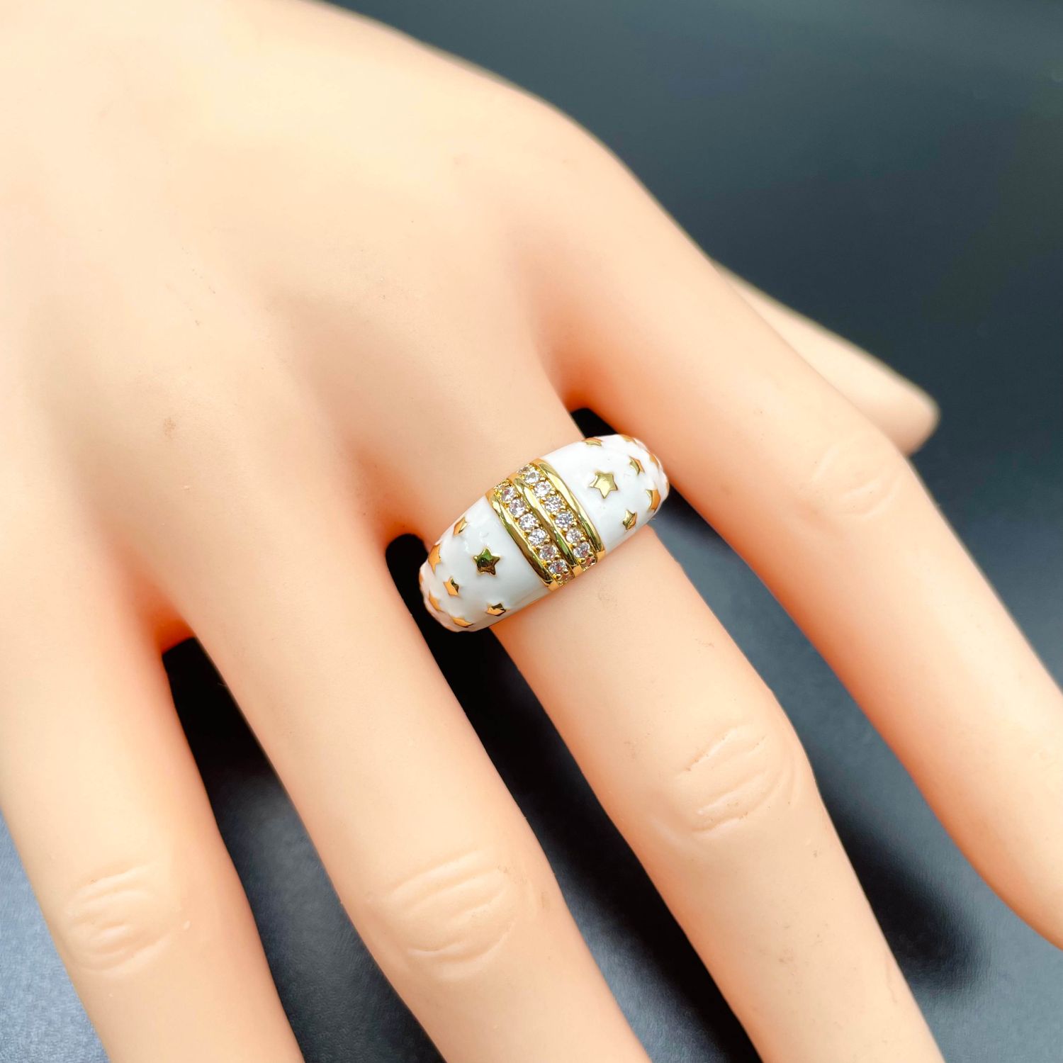 Star White Enamel CZ 18K Gold Anti Tarnish Free Size Band Ring Bulk