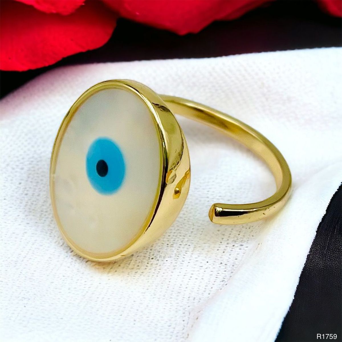 Evil Eye Mother Of Pearl 18K Gold Anti Tarnish Free Size Ring Bulk Main image