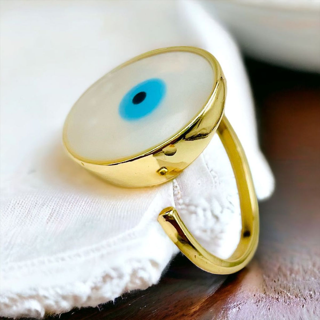 Evil Eye Mother Of Pearl 18K Gold Anti Tarnish Free Size Ring Bulk