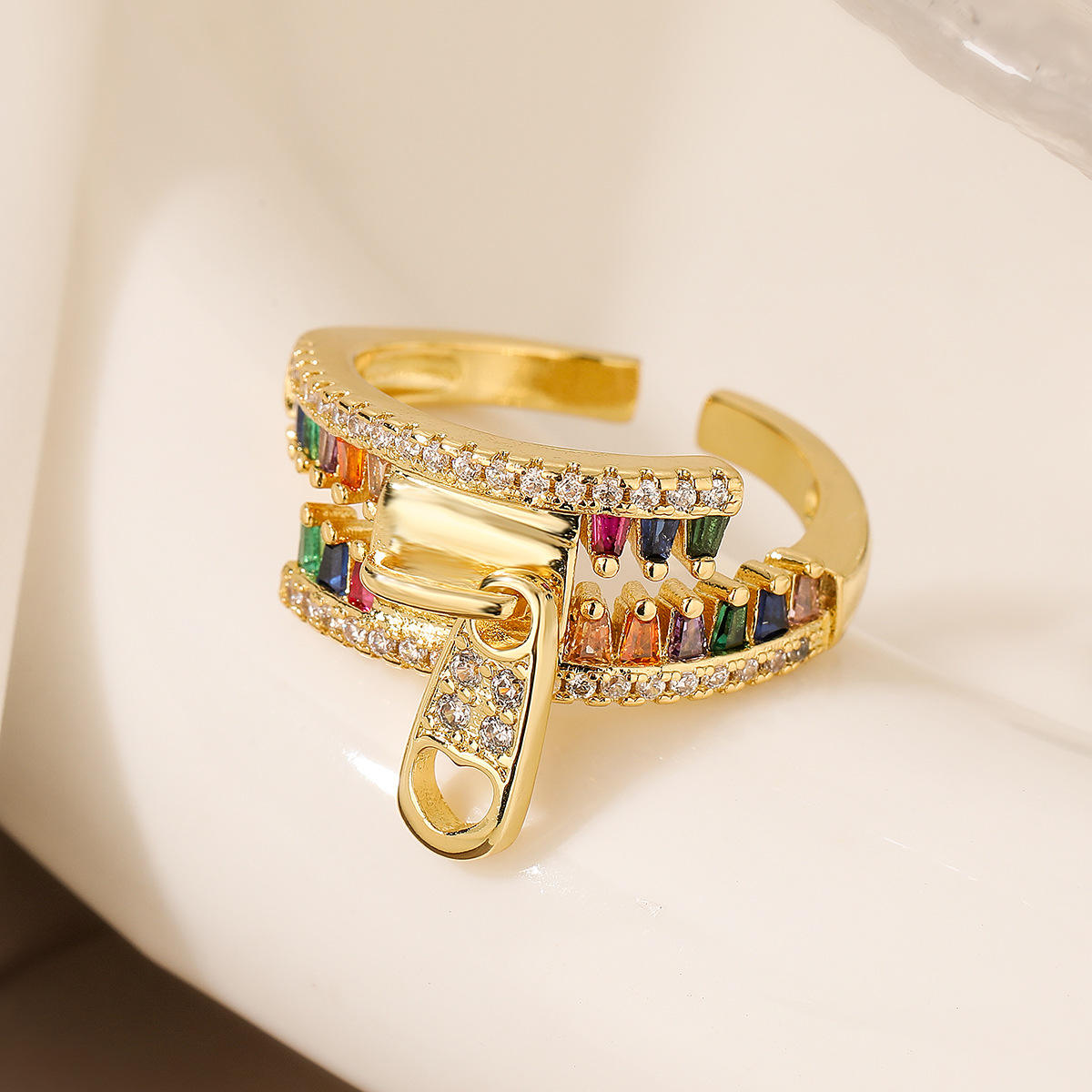 Zip Rainbow Multi Color Zircon Gold Anti Tarnish Free Size Ring Bulk Secondary image
