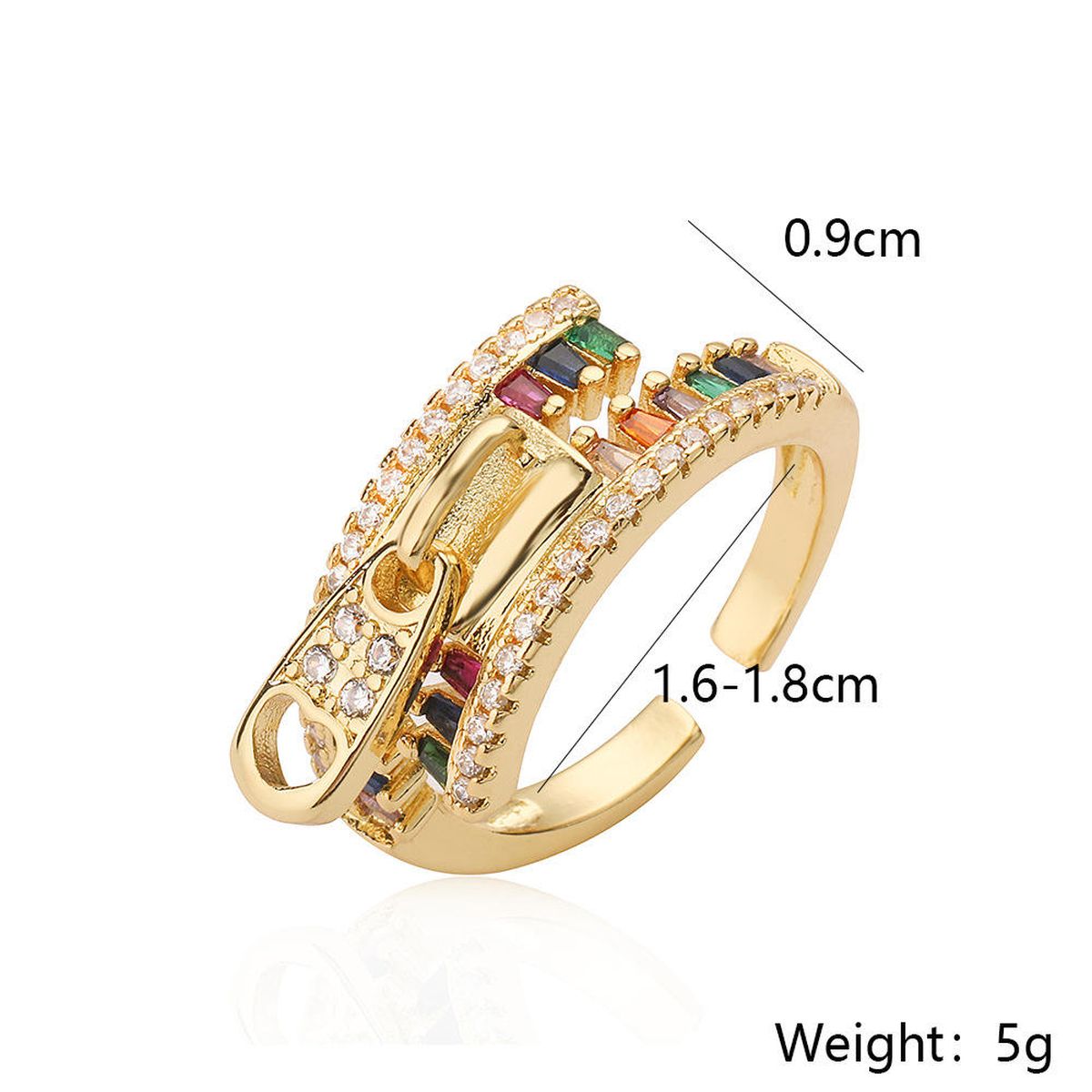 Zip Rainbow Multi Color Zircon Gold Anti Tarnish Free Size Ring Bulk