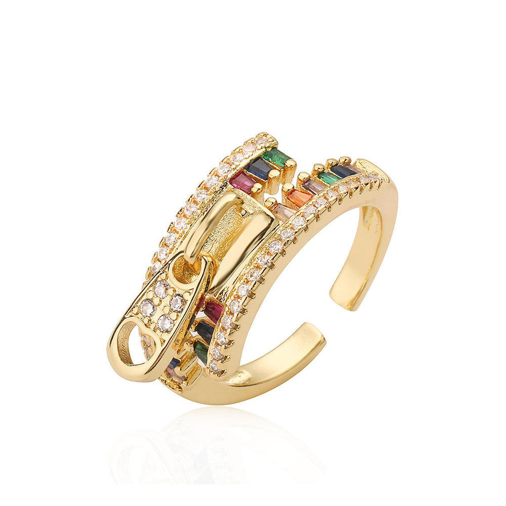 Zip Rainbow Multi Color Zircon Gold Anti Tarnish Free Size Ring Bulk