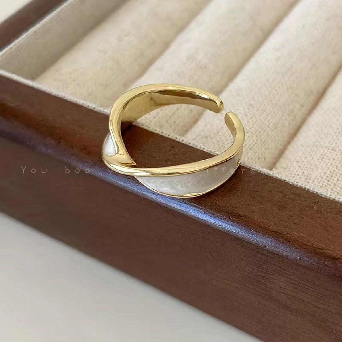 White Enamel Ribbon Cross Over Gold Anti Tarnish Open Back Ring Bulk Main image