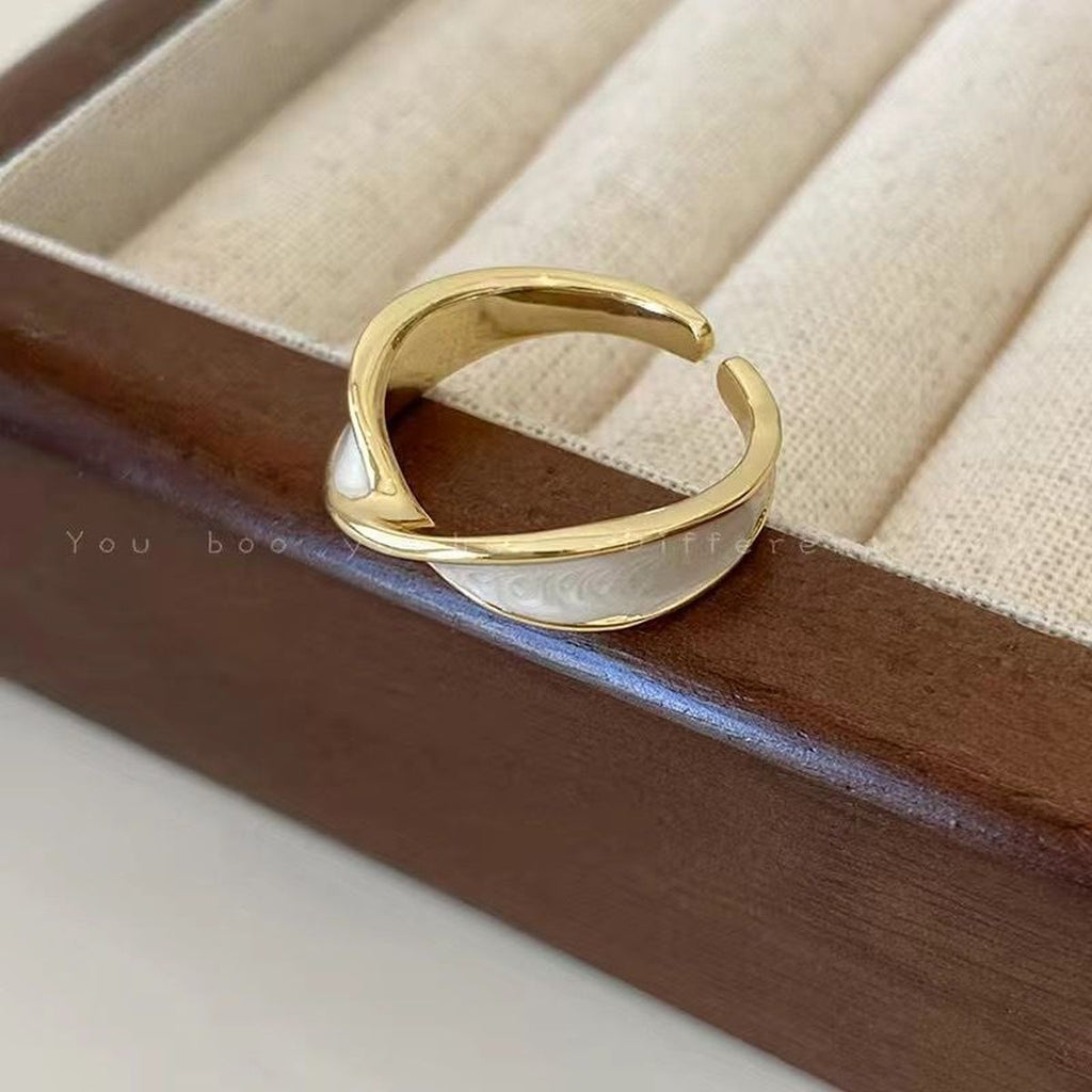White Enamel Ribbon Cross Over Gold Anti Tarnish Open Back Ring Bulk