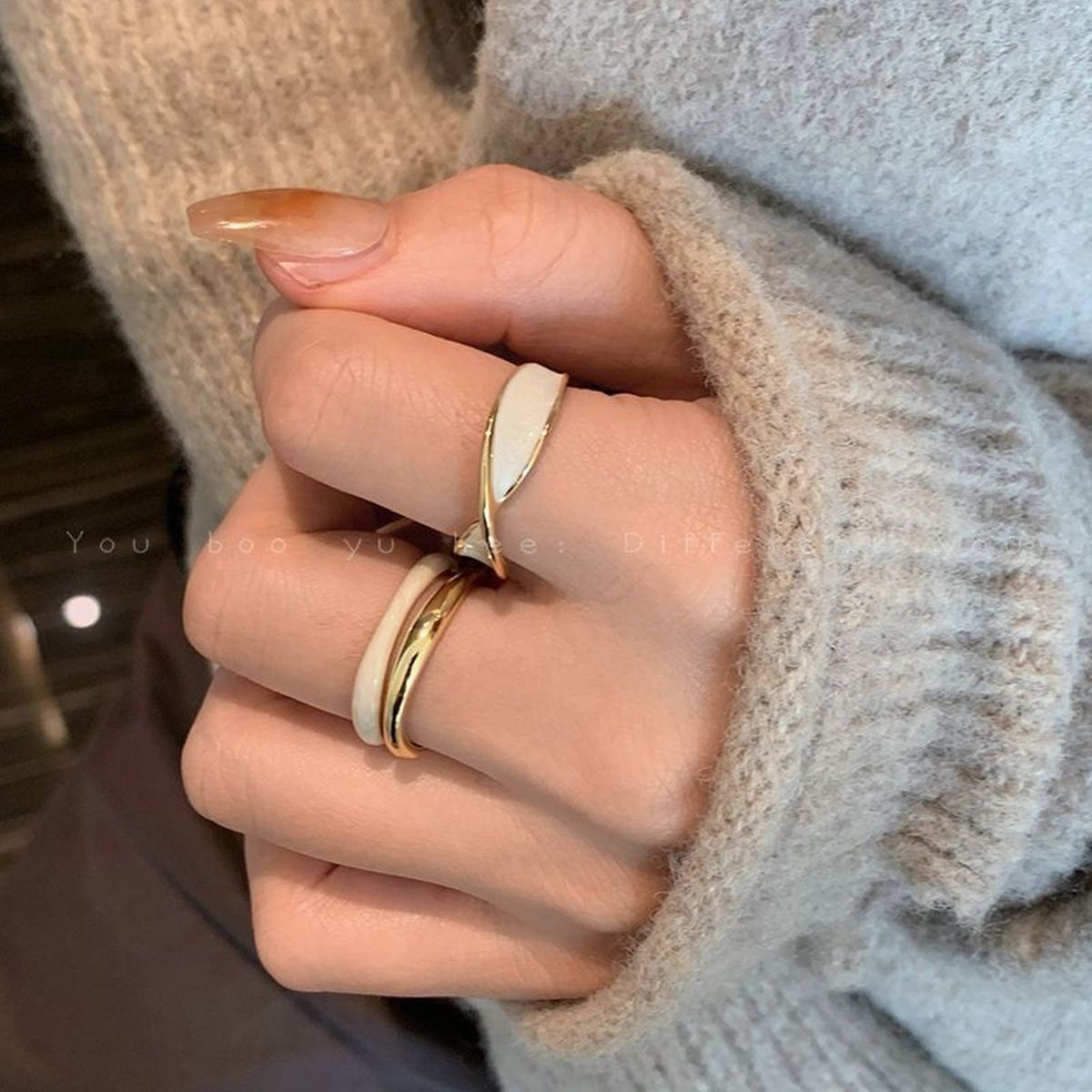 White Enamel Ribbon Cross Over Gold Anti Tarnish Open Back Ring Bulk Secondary image