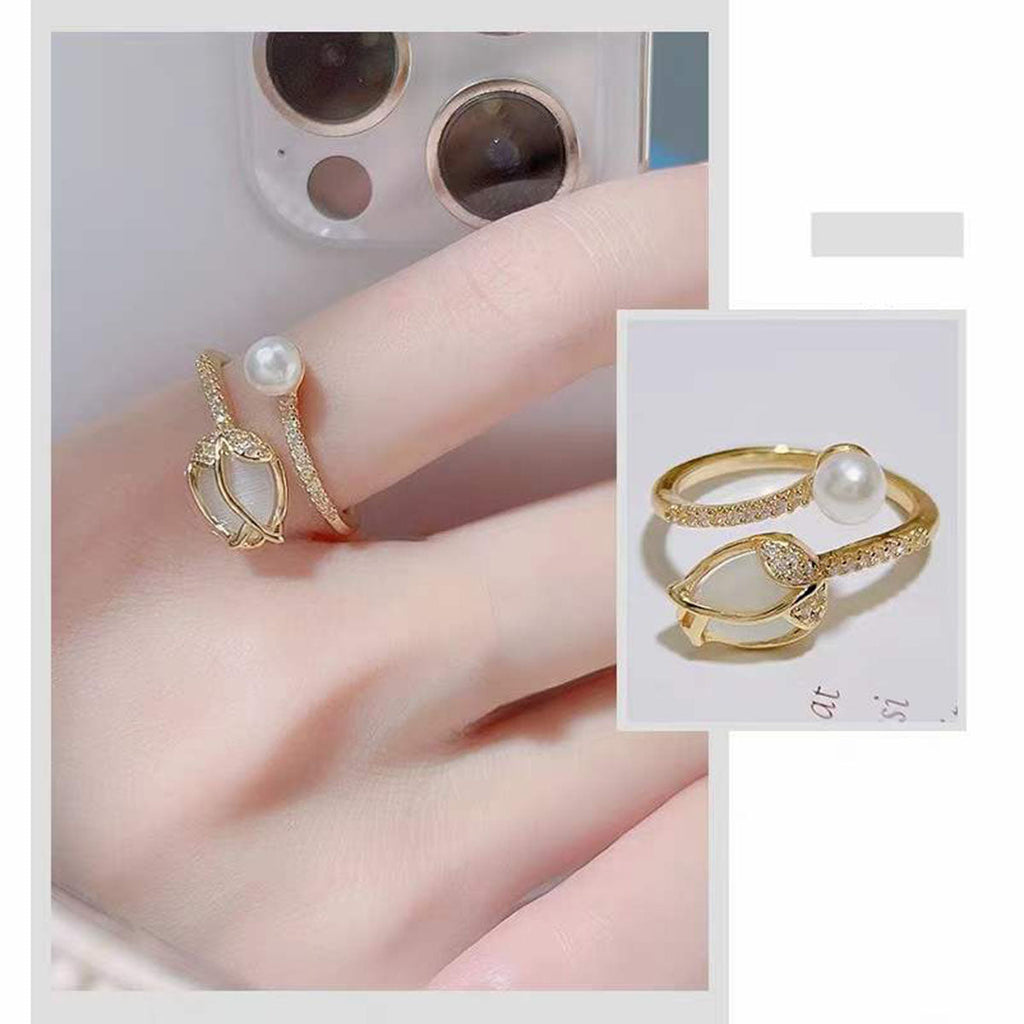 Tulip Flower Pearl CZ 18 Gold Anti Tarnish Free Size Ring Bulk