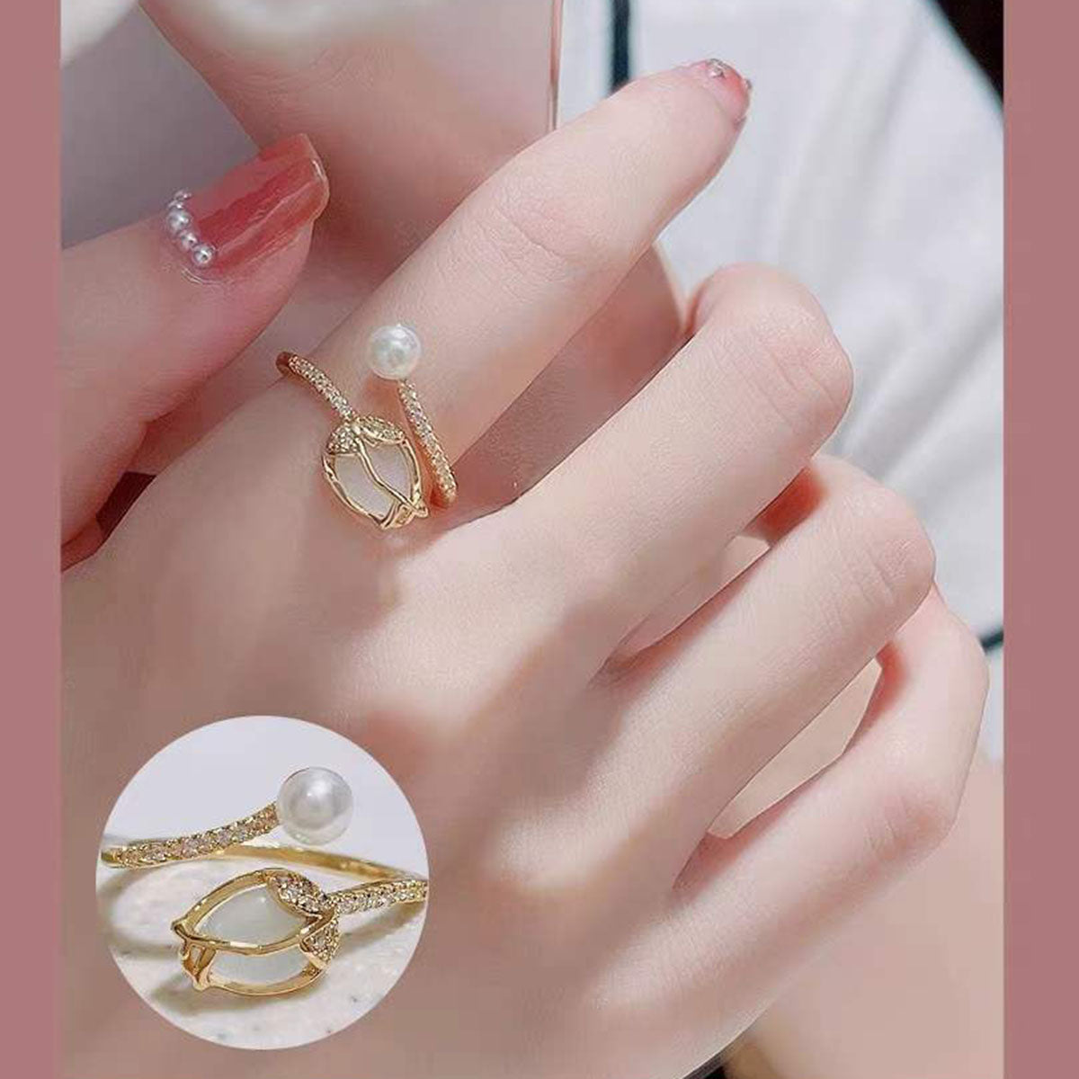 Tulip Flower Pearl CZ 18 Gold Anti Tarnish Free Size Ring Bulk