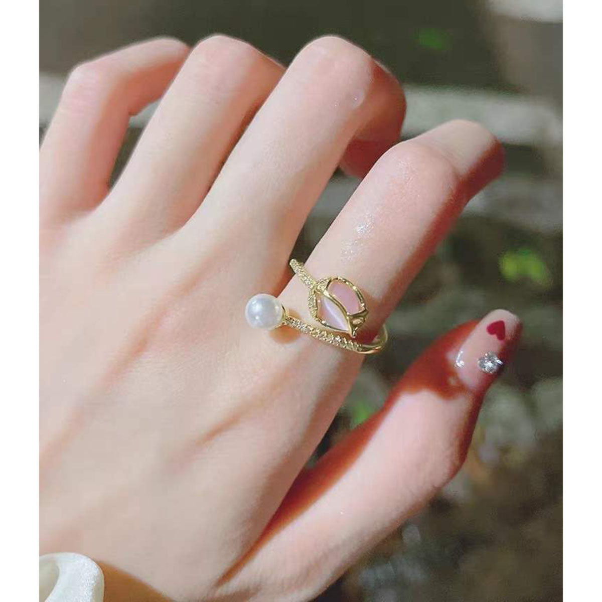 Tulip Flower Pearl CZ 18 Gold Anti Tarnish Free Size Ring Bulk