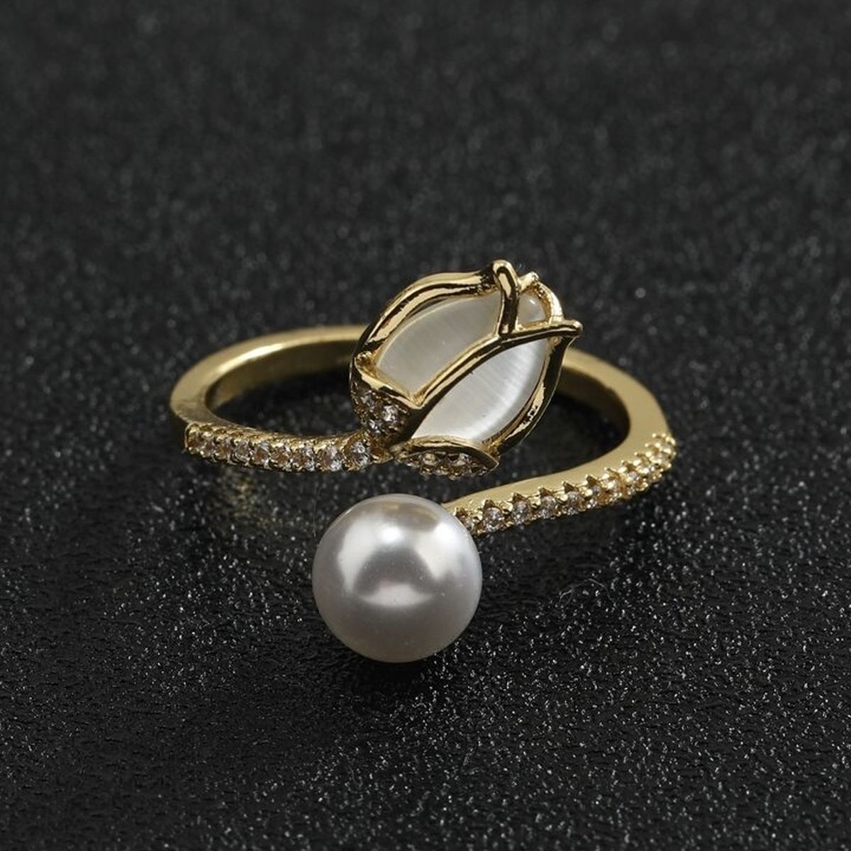 Tulip Flower Pearl CZ 18 Gold Anti Tarnish Free Size Ring Bulk Main image