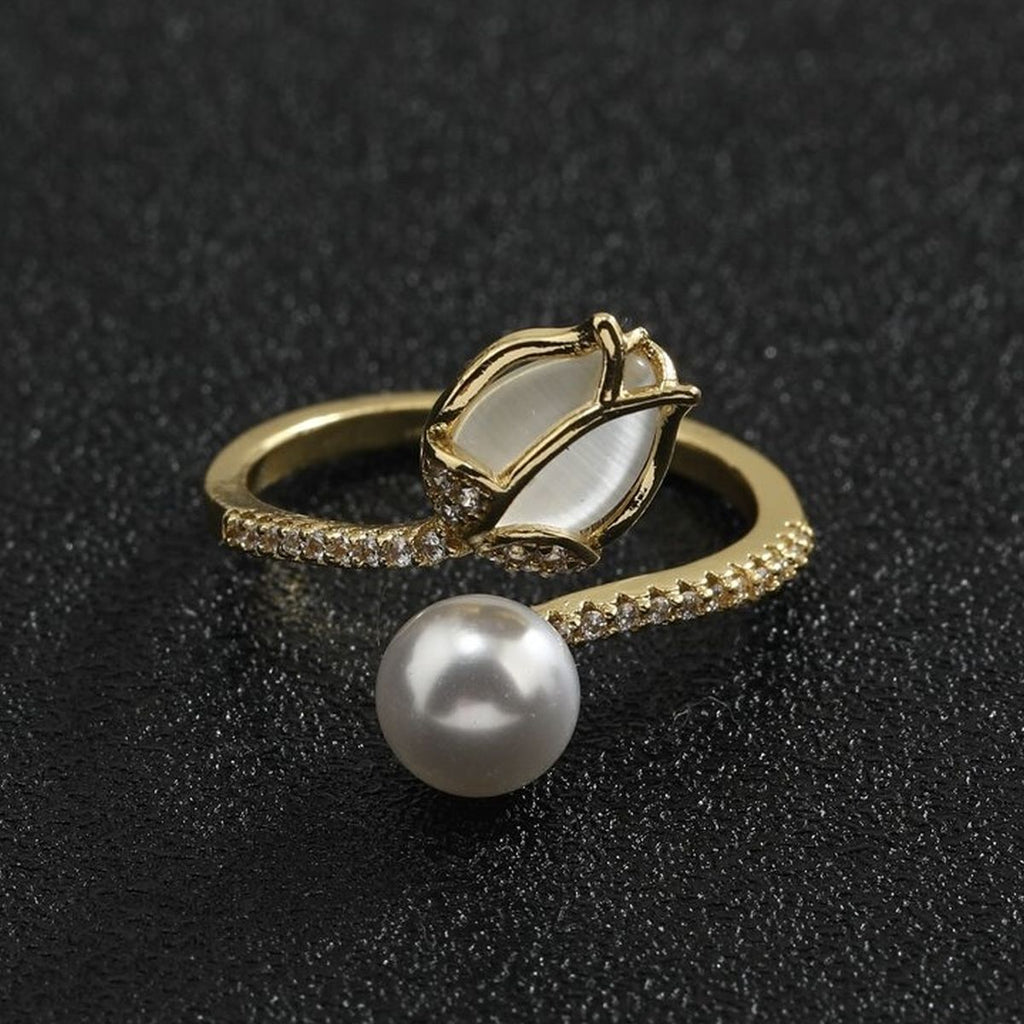 Tulip Flower Pearl CZ 18 Gold Anti Tarnish Free Size Ring Bulk