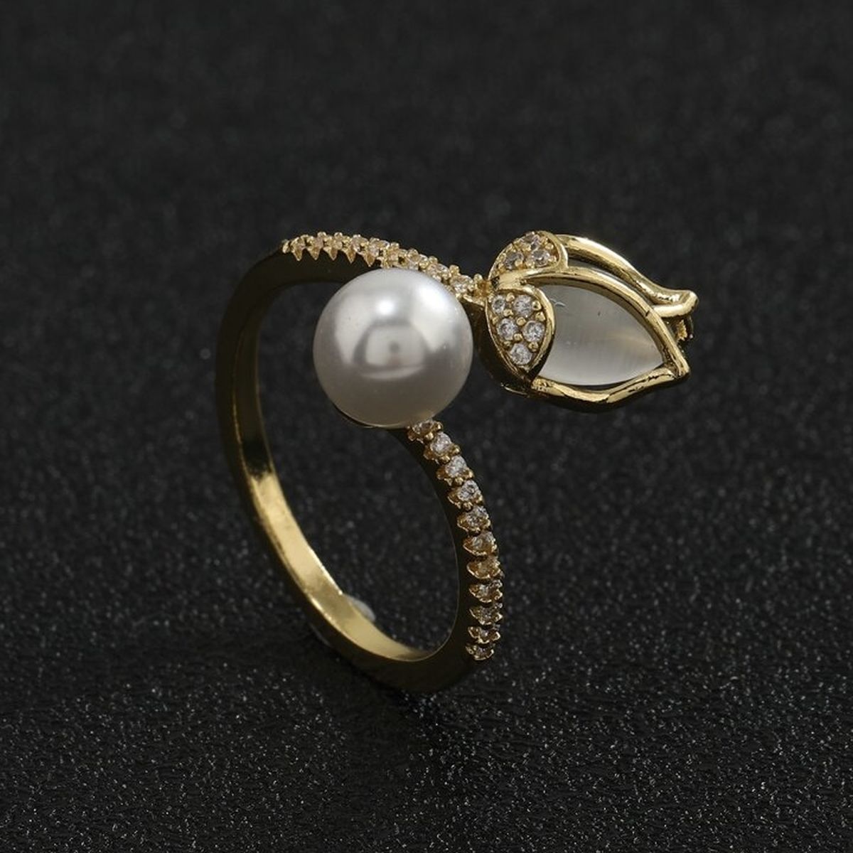 Tulip Flower Pearl CZ 18 Gold Anti Tarnish Free Size Ring Bulk Secondary image
