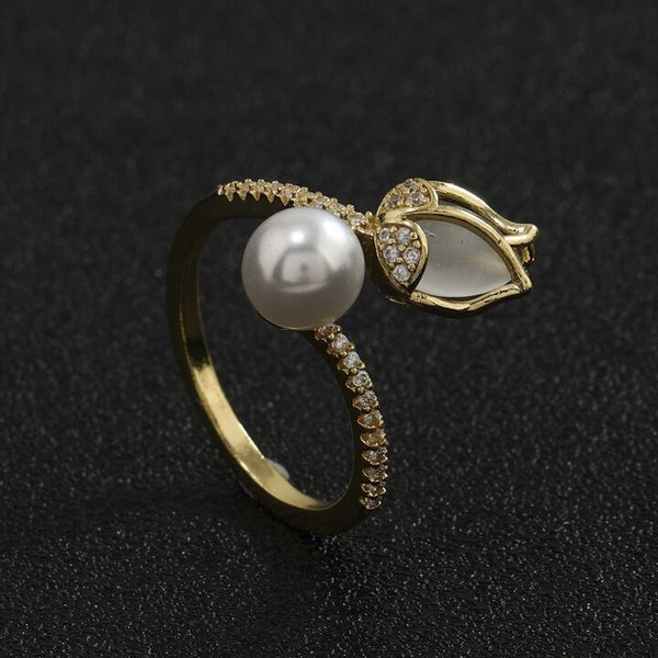 Tulip Flower Pearl CZ 18 Gold Anti Tarnish Free Size Ring Bulk Secondary image