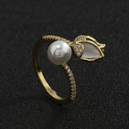 Tulip Flower Pearl CZ 18 Gold Anti Tarnish Free Size Ring Bulk