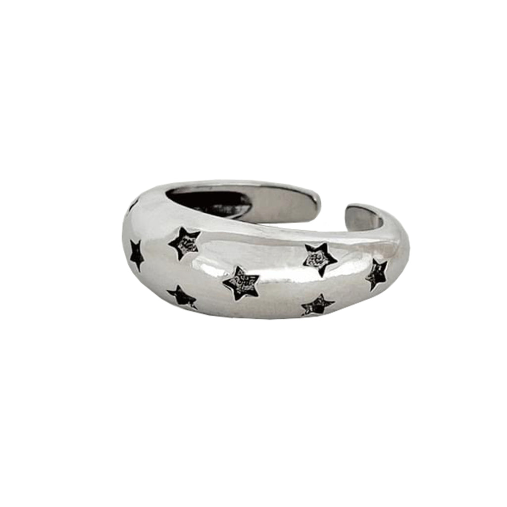 Black Star Glossy Silver Open Back Free Size Band Ring For Women Bulk